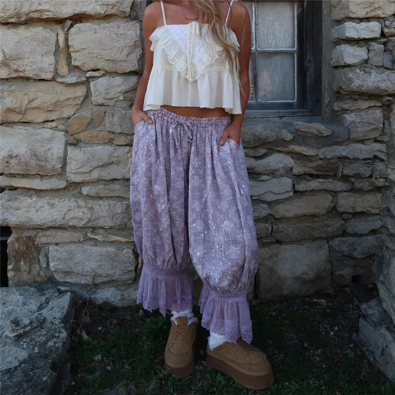 Summer Vacation Floral Baggy Capri Joggers Sheer Lace Hem Elastic Waist Loose Beach Casual Pants Two Tone Floral Print