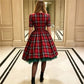 Women Red Plaid Midi Swing Dress Round Neck Half Sleeve A Line Dress With Green Tulle Hem Christmas Holiday Party Dress