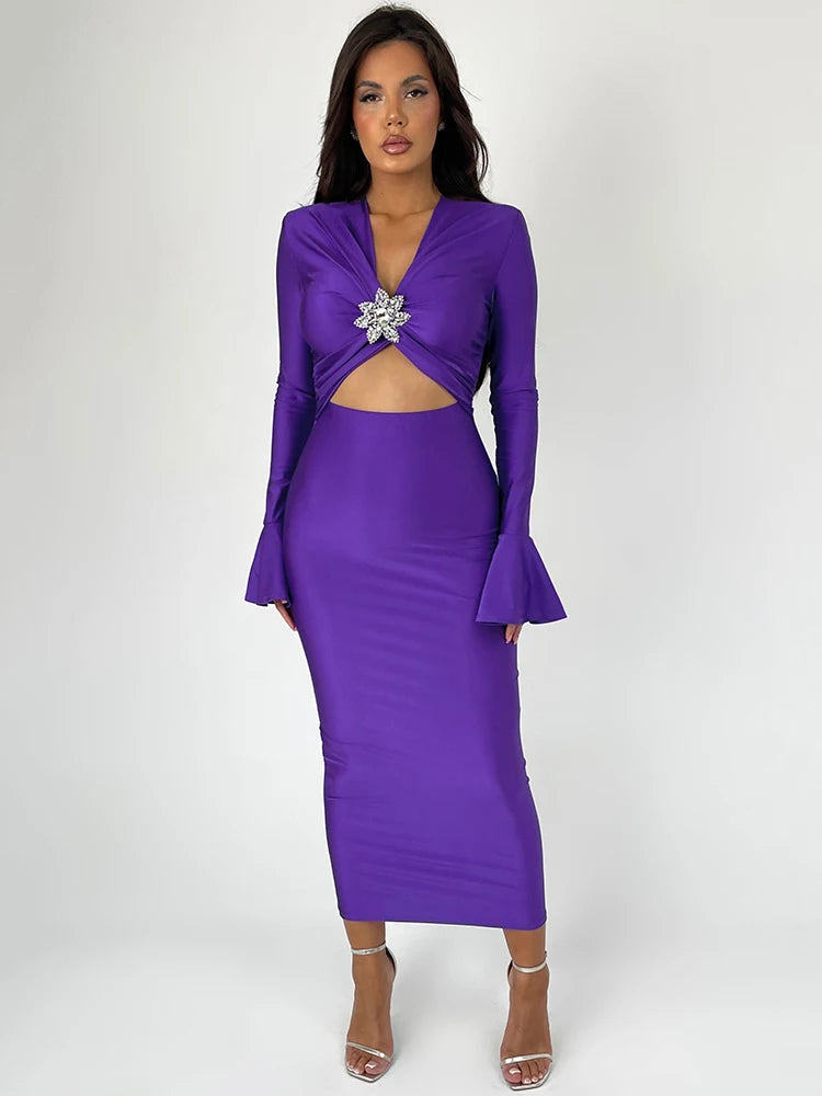 Elegant Hollow Out Sexy Maxi Dress For Women Spring New V Neck Long Flare Sleeve Bodycon Club Party Evening Dress