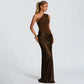 Satin Splicing One Shoulder Draped Maxi Dress Evening Gown Woman Party Dresses Elegant Sexy