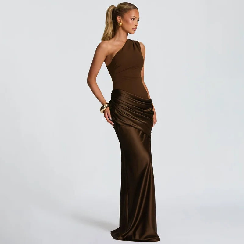 Satin Splicing One Shoulder Draped Maxi Dress Evening Gown Woman Party Dresses Elegant Sexy
