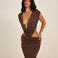 Deep V Neck Backless Ruched Maxi Dresses 2026 Woman Sexy Party Dress Brown