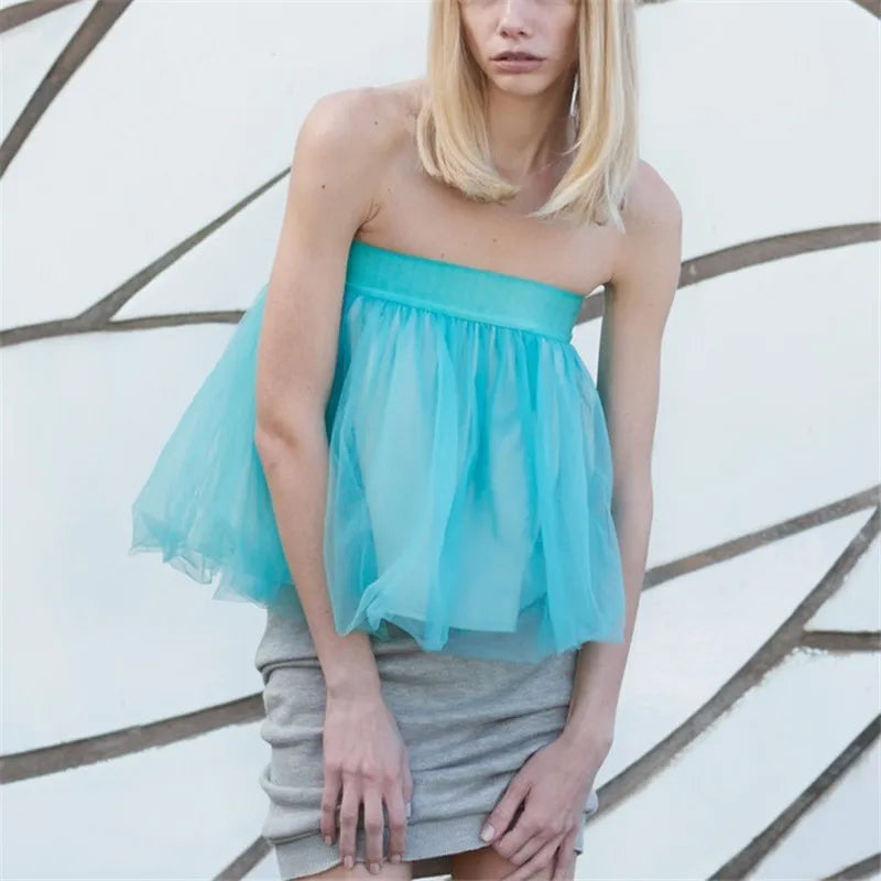 Womens Y2K Fairy Mesh Tulle Tube Top Strapless Bandeau Sheer Flowy Puff Cropped Blouse Sleeveless Loose Top Rave Party