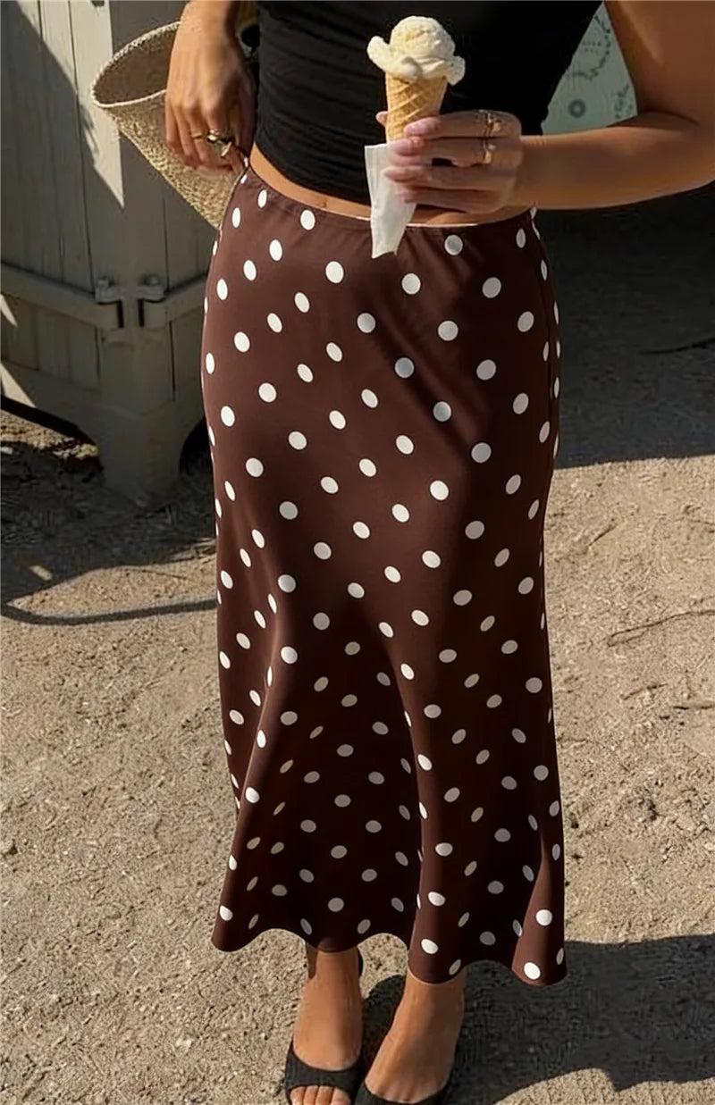 French Vintage Polka Dot Satin Skirt High Waist Silky Midi Skirt Elegant Retro Print For Women Summer Y2K Streetwear