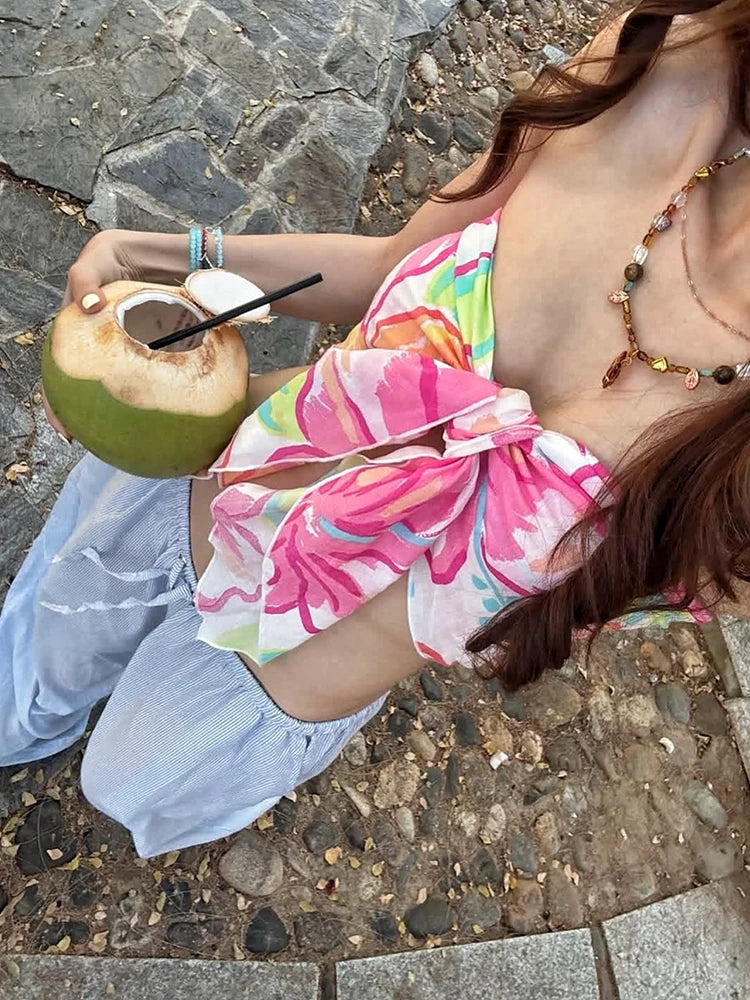 Sexy Backless  Tank Top Women Summer Trend Print Knot Bandages Ruched  Sleeveless Wild  Vacation Beach Party Club Ves