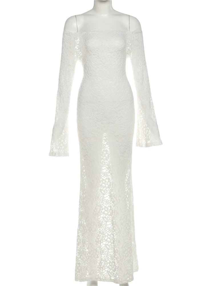 Sexy Jacquard Mesh Dress Women Wave Slash Neck Flare Sleeve Lace Elegant Evening Birthday Prom Party Skinny Bodycon