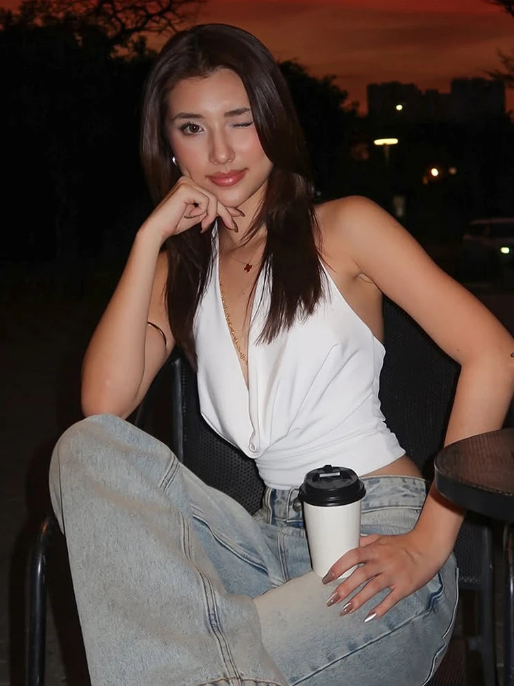 Swing Collar Tank Tops Women Backless Halter Folds Skinny Daily Simple Sexy Summer Wild Street Basic Stretch Vest