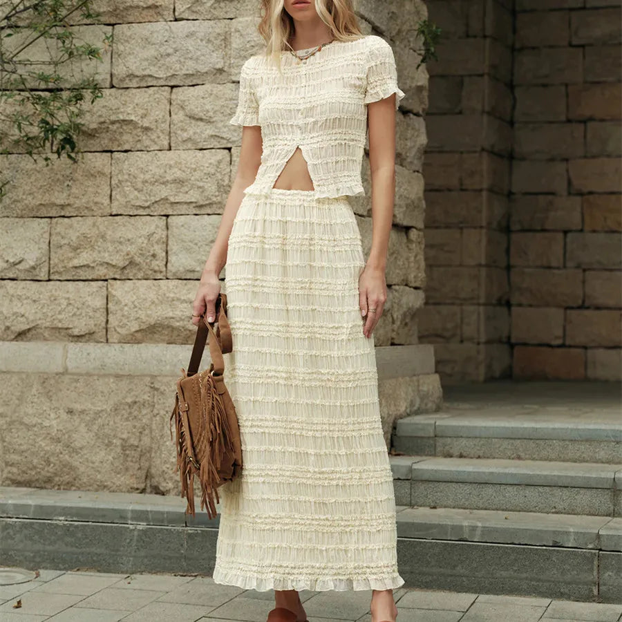 Flowy Two Piece Matching Skirt Sets for Women Clothing Short Sleeve Button Up Top Ruched Maxi Skirt Summer Beachwear