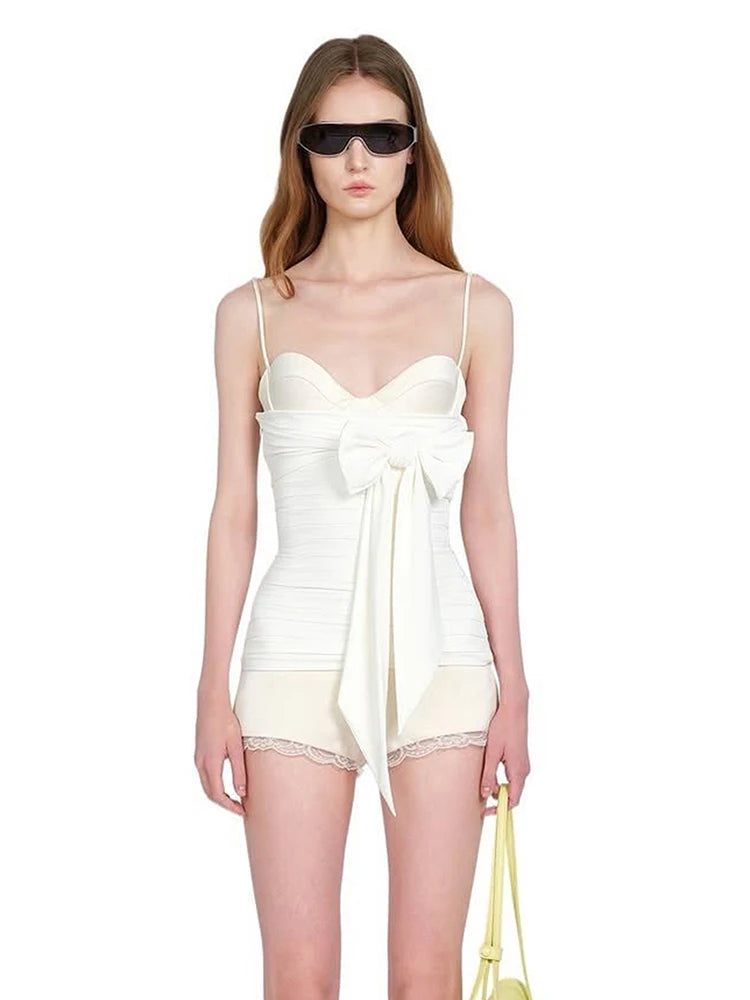 Folds Camisole Women Bow Tassel Low-Neck Skinny High Elasticity Fashion Daily Summer Sweet Chic Streetwear
