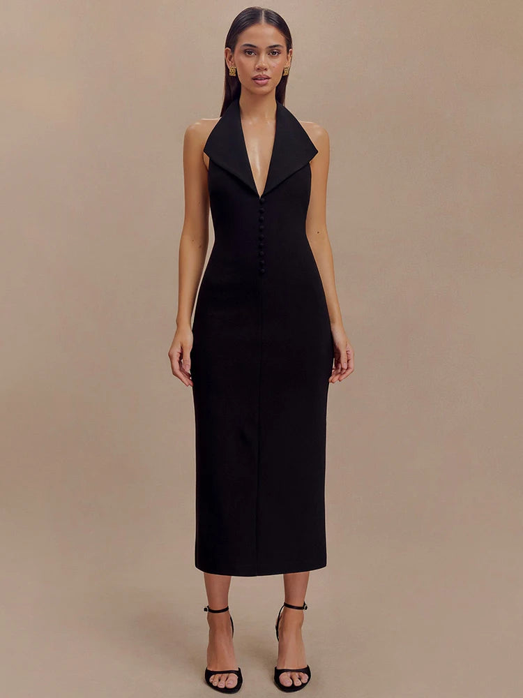 Halter Deep V Neck Sleeveless Sexy Maxi Dress For Women Elegant Backless Bodycon Tank Dress Femme Fashion Long Dress