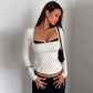Fitted White Polka Dot Fall T Shirts Woman Clothing Lace Trim Square Neck Long Sleeve Top