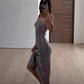 Lace Trim Satin Blue Slit Long Dress Sexy Club Outfit for Women Y2k Vintage Halter Backless Summer Dresses
