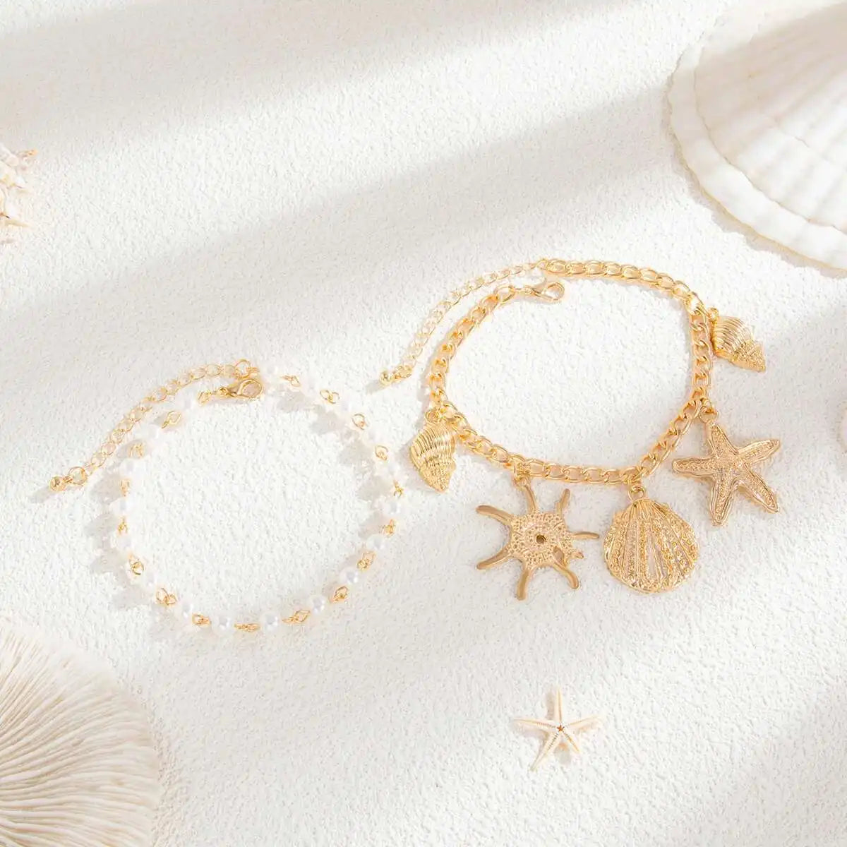 2Pcs/Set Summer Beach Barefoot Charm Anklets Women Bohemia Imitation Pearl Starfish Conch Pendant Foot Chain Jewelry