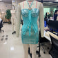 Women Turquoise Holographic Halter 2 Piece Outfit Shell Top+Mini Skirt Set Ruffle Mesh Cutout Mermaid Y2K Rave Clubwear