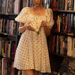 Women's French Retro Polka Dot Babydoll Mini Dress Square Neck Puff Sleeve Loose Fit Swing Dress Casual Summer Sundress