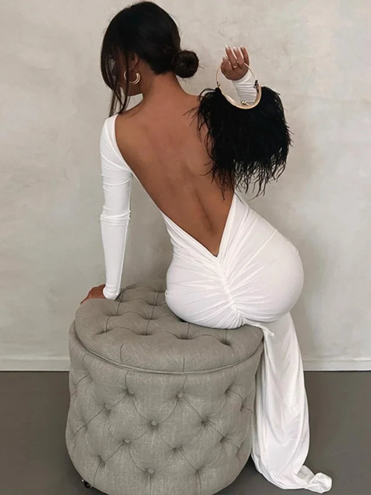Pleated Open Back Long Sleeve Maxi Dress for Birthday Women Black White Elegant Evening Gown Party Dresses