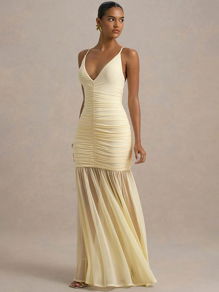 Spaghetti Strap Backless Sexy Maxi Dress Women Gown Fashion Patchwork Off-shoulder V Neck Ruched Pleated Party Dress