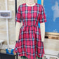 Women Red Plaid Midi Swing Dress Round Neck Half Sleeve A Line Dress With Green Tulle Hem Christmas Holiday Party Dress