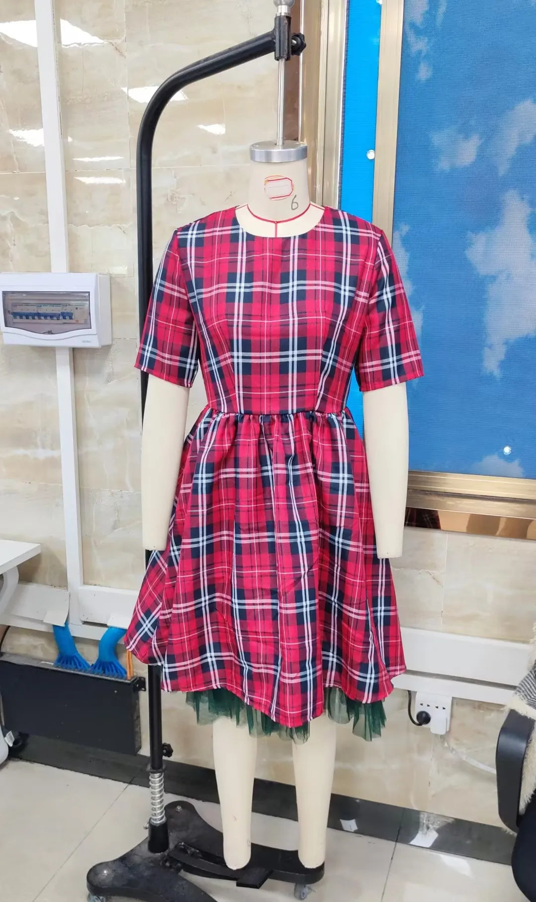 Women Red Plaid Midi Swing Dress Round Neck Half Sleeve A Line Dress With Green Tulle Hem Christmas Holiday Party Dress