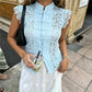 Lace Sleeveless Top Women Mandarin Collar Cap Sleeve Hollow Floral Lace Shirt Frog Buttons Slim Cropped Split Front Tops