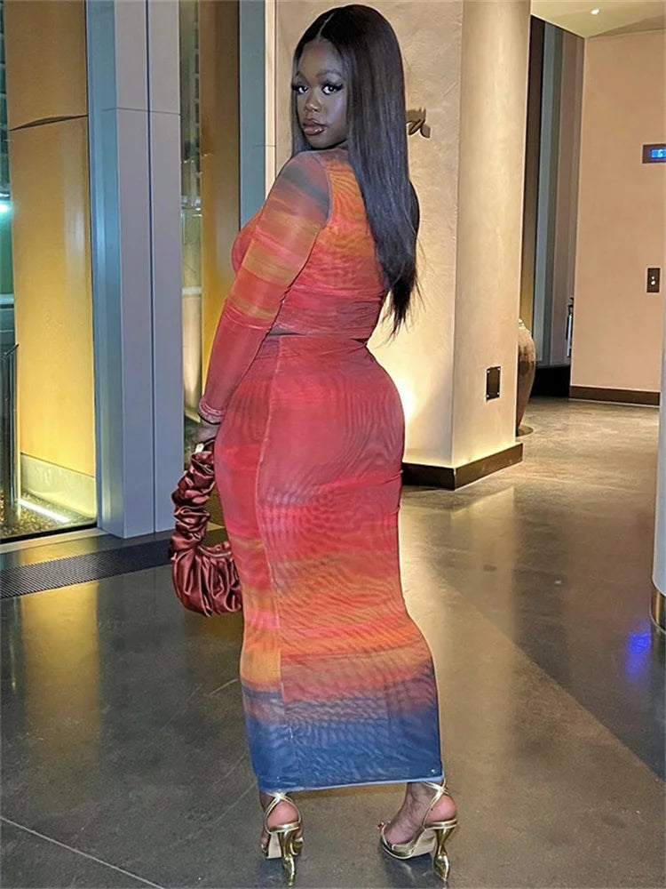 Colorful Print 2 Piece Set Women o-Neck Skinny Full Sleeve Crop Tops+Maxi Skirts Hot Girls Street Elegant Outfits