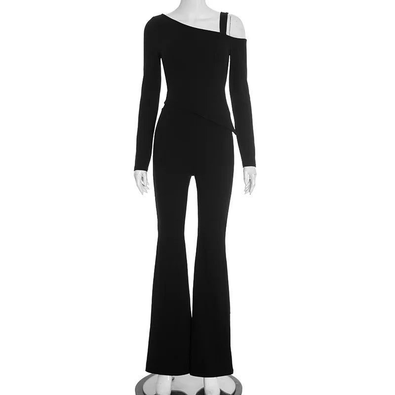 Two Piece Woman Set One Shoulder Long Sleeve Asymmetrical Top and Flare Pants All Black Outfits Sexy