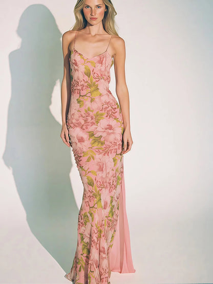 High Waist Floral Print Sling Dress Woman Summer Trend Low-Neck Backless Sleeveless Robe Birthday Party Elegant Vestidos
