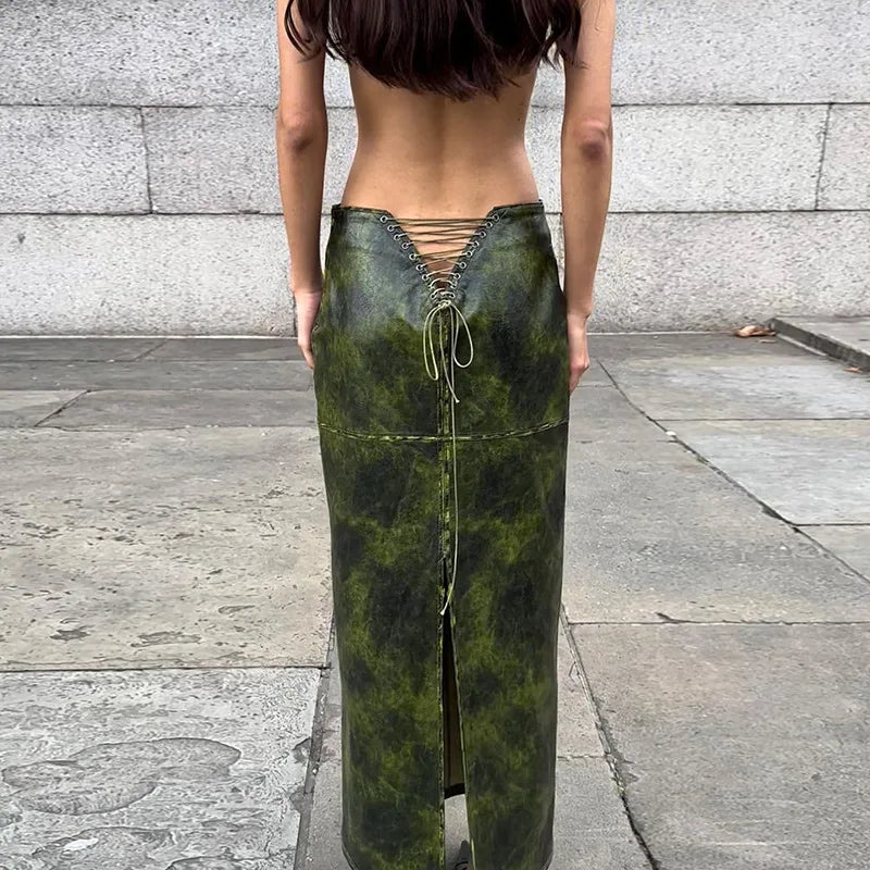 Sexy Back Hollow Lace Up Split Long Skirts for Womans Clothing Y2k Style Vintage Green PU Leather Maxi Skirt