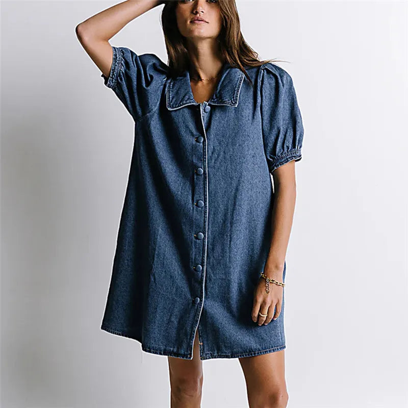 Women's Denim Babydoll Dress Elegant Solid Color Short Sleeve Doll Collar Mini Dress for Party Date Night Wear