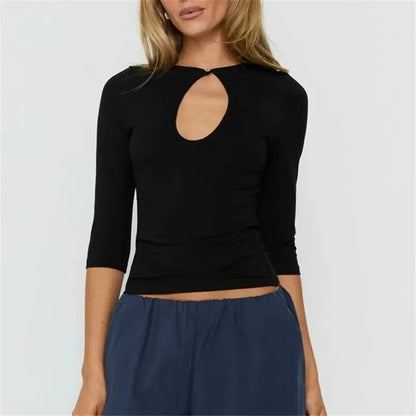 Women Keyhole Cutout Neck 3/4 Sleeve Crop Top Slim Fitted Solid Crew Neck Button Detail T Shirt Y2K Casual Streetwear