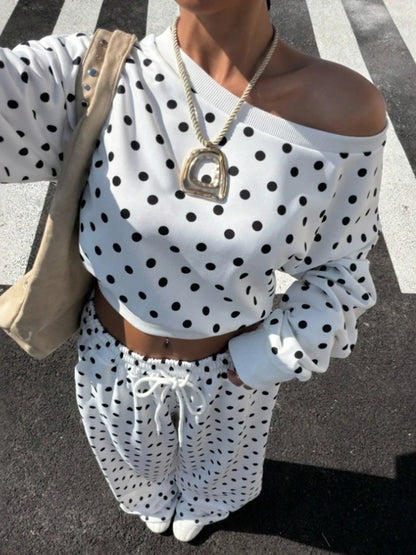 Casual Fashion 2 Piece Set Woman Polka Dot Print Skew Collar Full Sleeve T-Shirts+Drawstring Long Pants Classic Suits