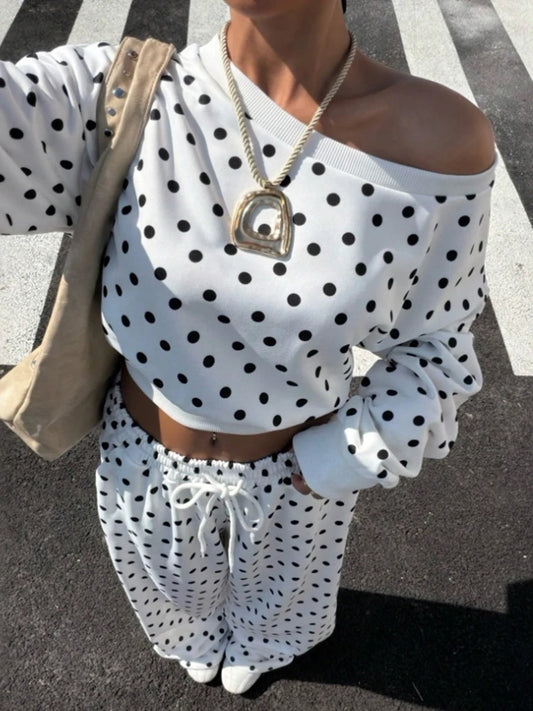 Casual Fashion 2 Piece Set Woman Polka Dot Print Skew Collar Full Sleeve T-Shirts+Drawstring Long Pants Classic Suits