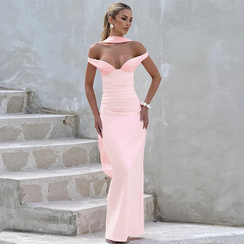 Sexy Off Shoulder Backless Long Maxi Dresses Wedding Guest Party Pink Dress Woman Elegant Evening Gown