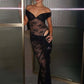 Lace See Through Sexy Two Piece Set Women Elegant Off-shoulder Backless Bodysuit And Maxi Skirt Matching Club Dress Set