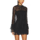 Women Elegant Lace Sheer Mesh Mini Dress High Neck Long Sleeve Flounce Hem A Line Dress for Wedding Guest Nightclub