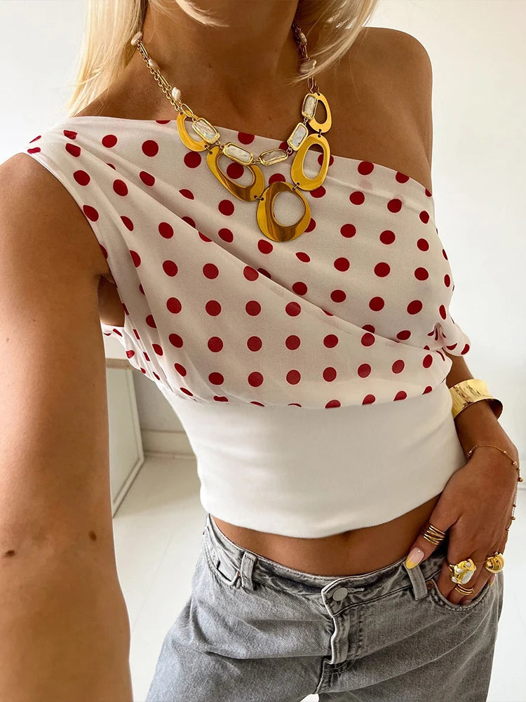 Summer Trend Polka Dots Print T-Shirts Women  Skew Collar Off Shoulder Backless Street Fashion Trend Ruched Crop Tops