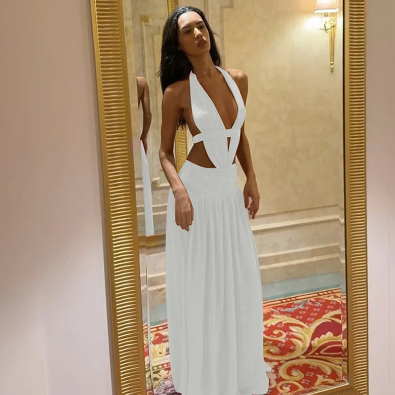 Lace-up Halter Neck Backless Maxi Dresses for Woman Sexy Red Evening Dress Birthday Gown Summer 2026