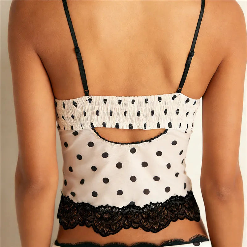 Women's Summer Slim Camisole Lace Patchwork Y2K Polka Dot Print Spaghetti Strap Mesh Tank Tops Streetwear