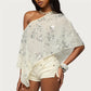 Y2K Sequin Floral One Shoulder Asymmetric Sheer Poncho Top for Women Flowy Batwing Sleeve Semi Sheer Cover Up Shawl Wrap