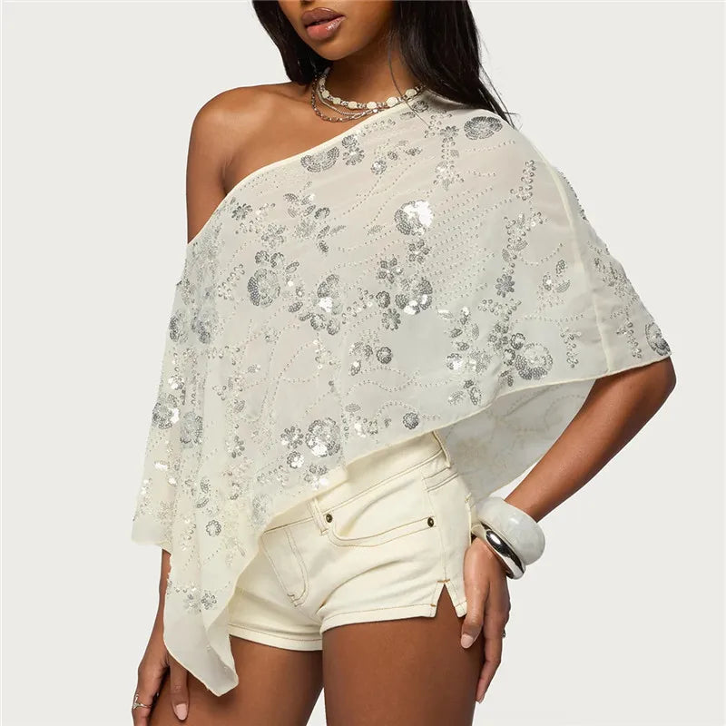 Y2K Sequin Floral One Shoulder Asymmetric Sheer Poncho Top for Women Flowy Batwing Sleeve Semi Sheer Cover Up Shawl Wrap