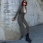 Zipper Long Sleeve Sport Jumpsuit Ribbed-knit Black Grey One Piece Jumpsuits Sexy Winter Outfits Woman