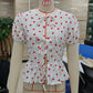 Women Tie Front Hollow T Shirt Valentine's Day Summer Blouse Slim Heart Print Short Sleeve Round Neck Ruffled Hem Tops