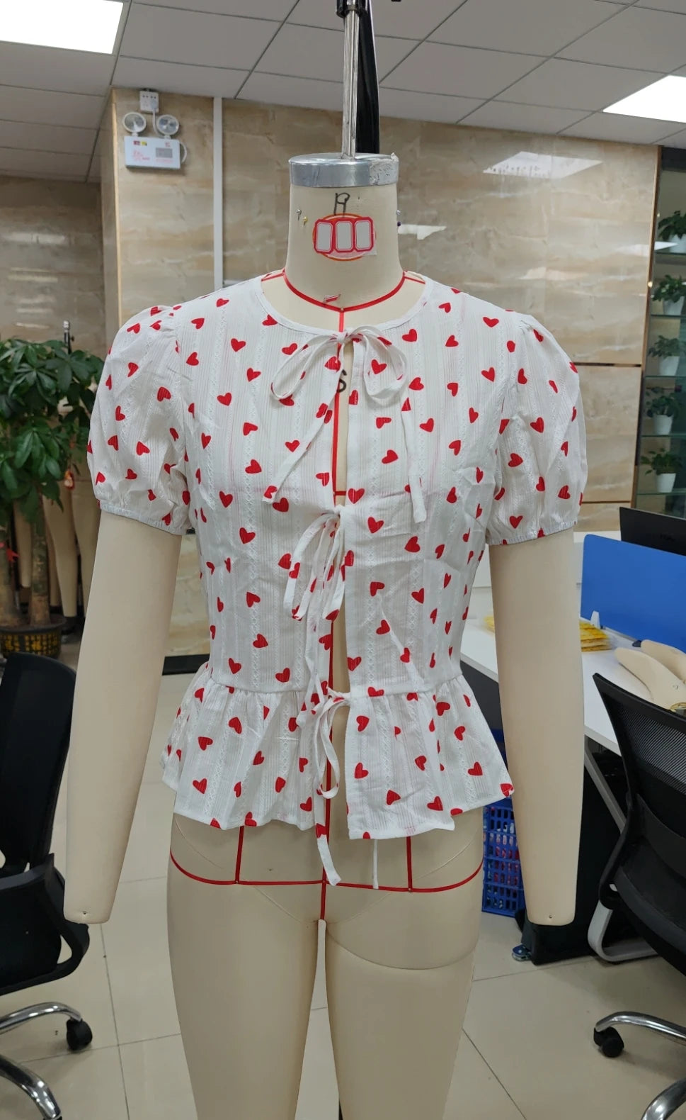 Women Tie Front Hollow T Shirt Valentine's Day Summer Blouse Slim Heart Print Short Sleeve Round Neck Ruffled Hem Tops