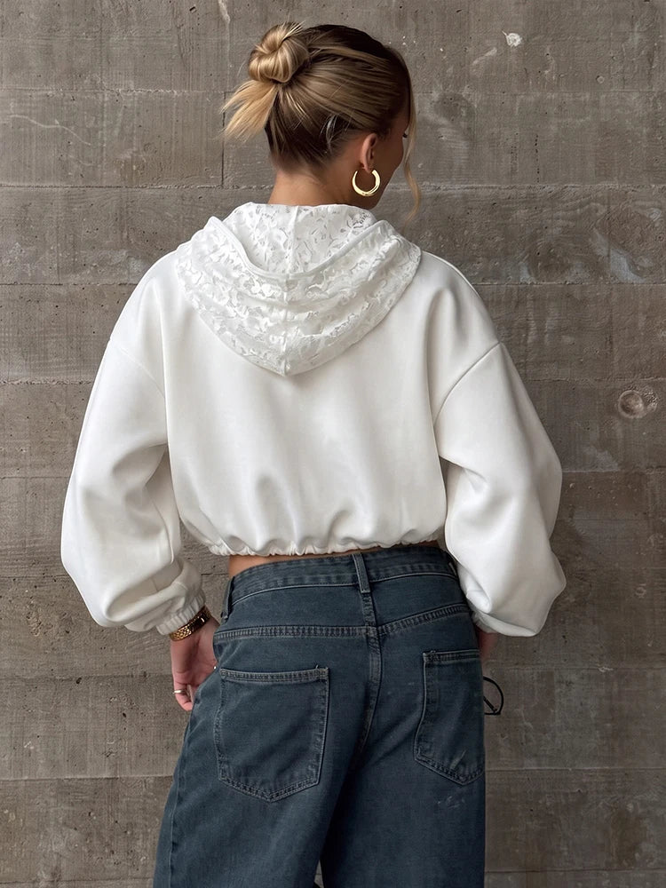 Jacquard Hooded Crop Jacket Women Trend Autumn Fashion Pleats Zip Patchwork Full Sleeve Trend Street Sporty Outfits