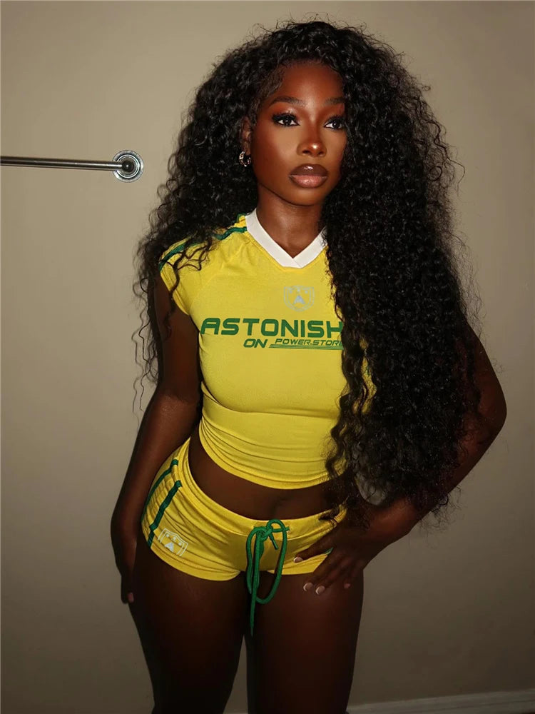 Daily 2 Piece Set Woman Casual Sporty Letter Print V-Neck Shape Waist Tank Tops+Drawstring Shorts Fashion Style Suits
