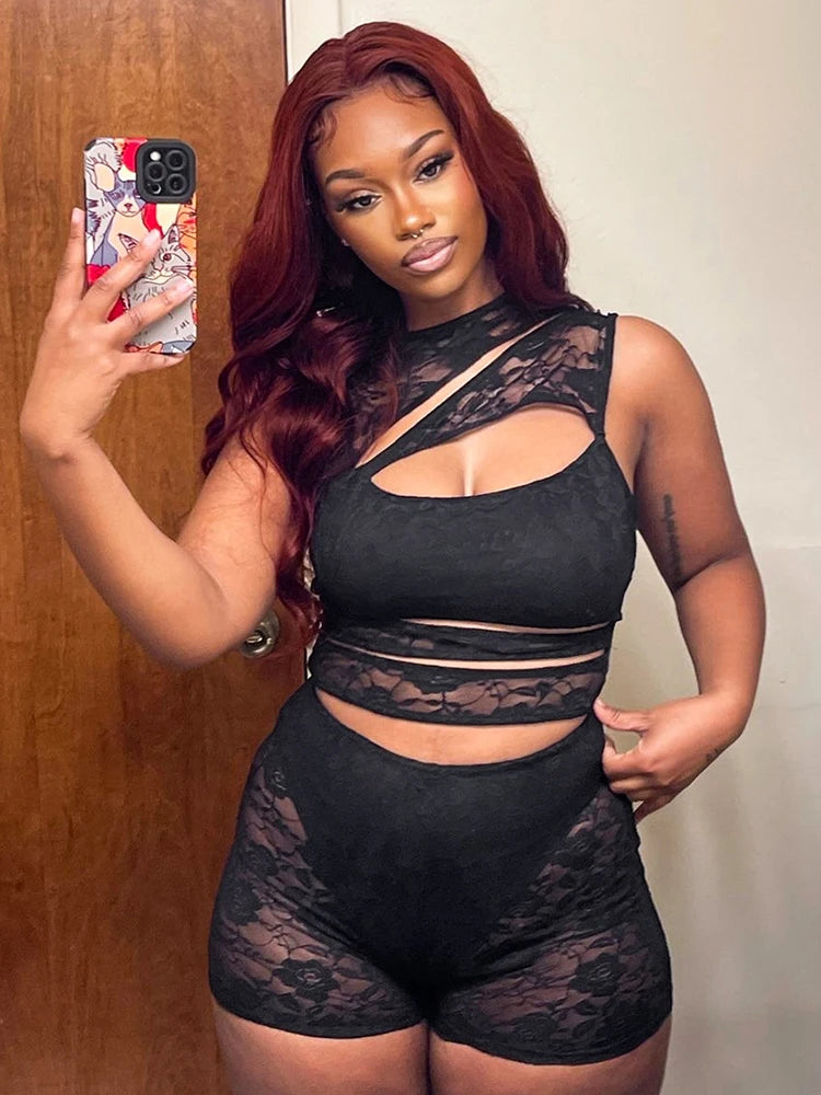 Sexy Hollow Playsuits Women Mesh Patchwork o-Neck Sleeveless Skinny Peach Hip Hot Girls Midnight Club Party Rompers