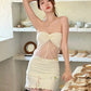Sweet 2Piece Set Women Mesh Patchwork Splits Sleeveless Backless Tops+Folds Skirt Vacation Beach Party Matching Suit