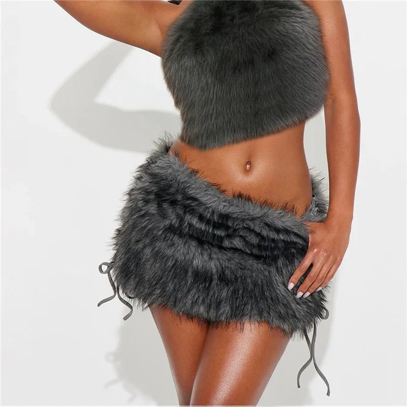 Furry Mini Skirts Women Tie Side High Street Sexy Midnight Hottie Fashion Wild Party Simple Classic Autumn Winter Bottom