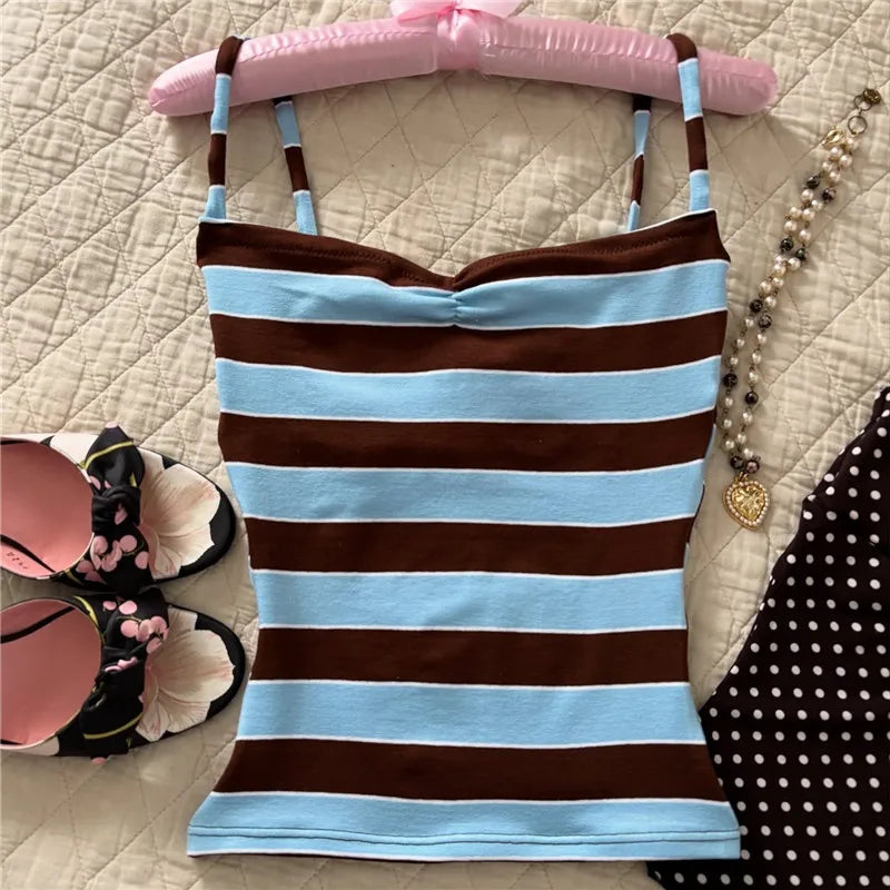 Cute Stripe Camisole Top Summer Women Sweetheart Neck Spaghetti Strap Slim Low Back Crop Top Y2K Aesthetic Streetwear