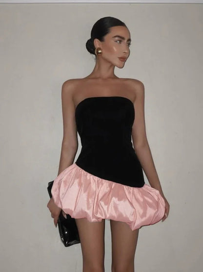 Velvet Patchwork Strapless Bubble Dresses Short Evening Dress Women Elegant Sexy Party Night Club Outfits